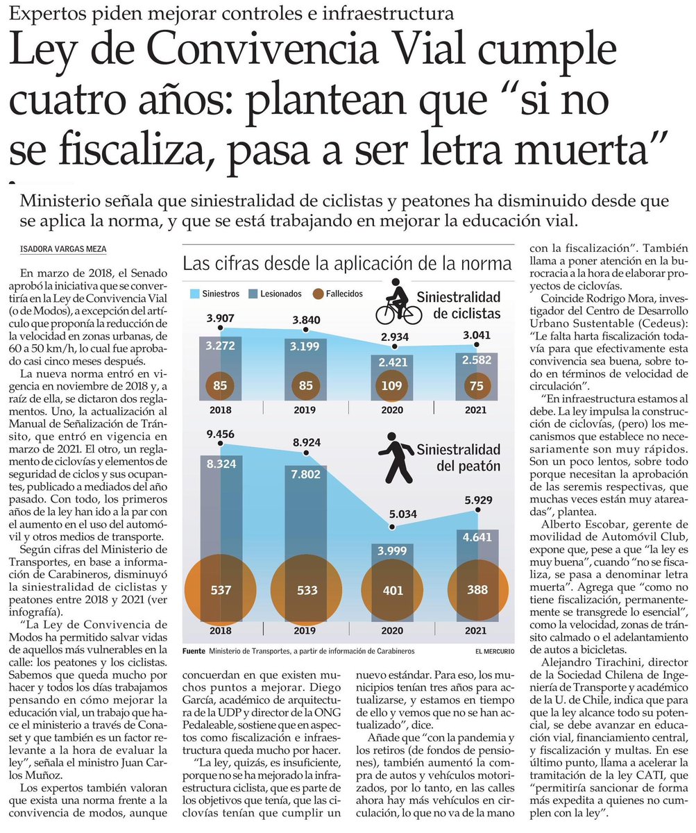 diegogarq's tweet image. Entrevista en @ElMercurio_cl sobre los 4 años de la ley de convivencia vial representado la mirada de @pedaleable_org