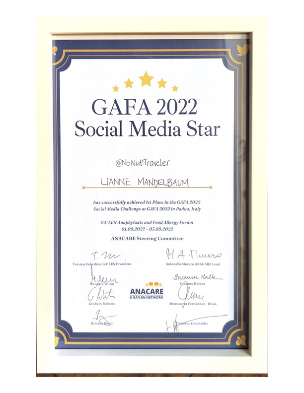 Lianne Mandelbaum (@nonuttraveler) on Twitter photo Came home yesterday to a package from Europe -opened it up to find this beautifully framed certificate
Thank you <a href="/GA2LEN_ANACARE/">GA²LEN ANACARE Network</a> for this award for the meeting in Padua Italy this past September- this meeting was KEY in garnering support for global airline survey with <a href="/cfaarnu/">Center for Food Allergy and Asthma Research</a> Came home yesterday to a package from Europe -opened it up to find this beautifully framed certificate
Thank you <a href="/GA2LEN_ANACARE/">GA²LEN ANACARE Network</a> for this award for the meeting in Padua Italy this past September- this meeting was KEY in garnering support for global airline survey with <a href="/cfaarnu/">Center for Food Allergy and Asthma Research</a>