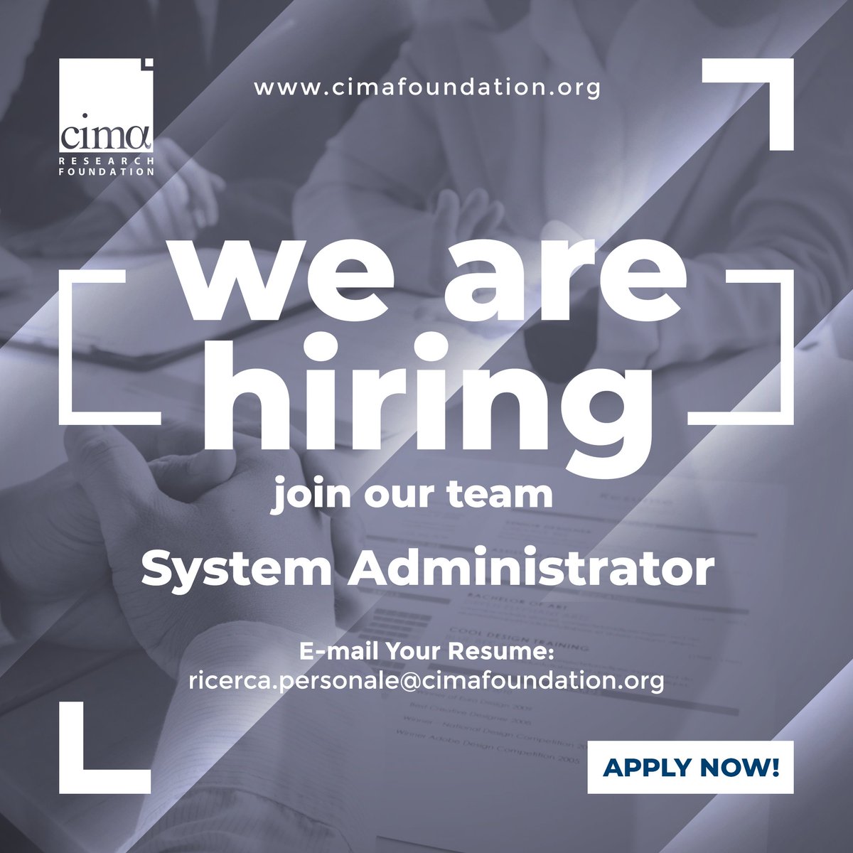 CIMAFoundation's tweet photo. #WeAreHiring for the position of system administrator for the management and development of forecast monitoring and data sharing systems.

❗️Deadline: 27 December 2022
👉 All information at the following link: https://t.co/64qZii6fe9 https://t.co/s0lFHULrCI