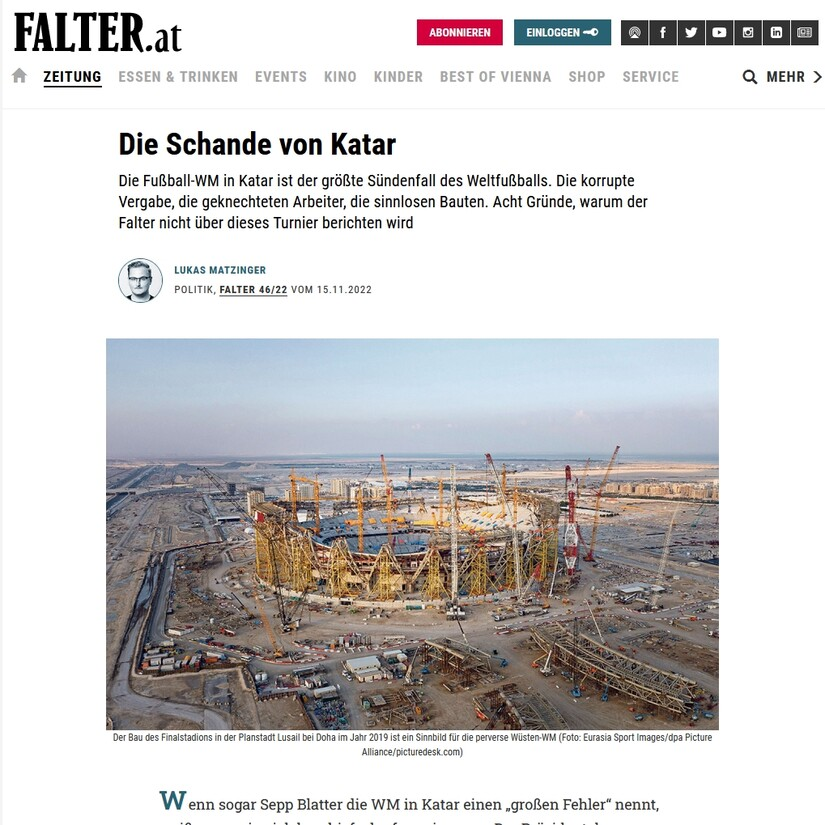 kressZwitscher's tweet photo. Österreichische Wochenzeitung Falter berichtet nicht über Fußball-WM in Katar: https://t.co/AfLGZoPpNj #Medien #Debatte #Journalismus #Führungskräfte #Publishing #WM2022 #WMBoykott @falter_at @florianklenk @LukasMatzinger @WiegandKressPro https://t.co/UXApv8iQBk