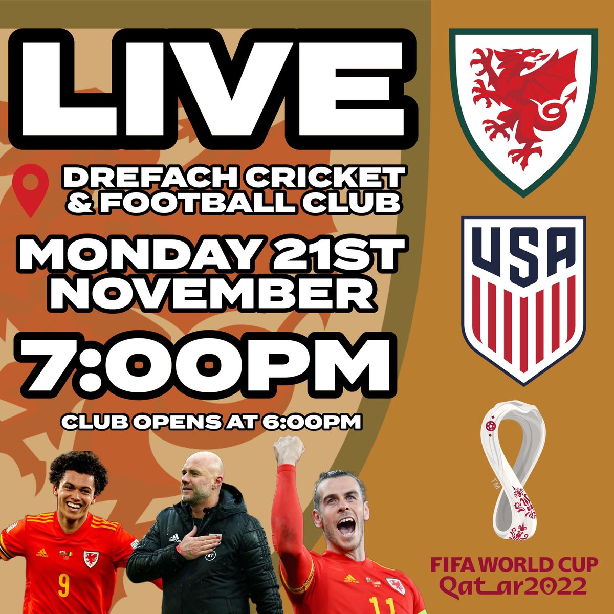 🚨𝐘𝐍 𝐅𝐘𝐖 𝐃𝐘𝐃𝐃 𝐋𝐋𝐔𝐍🚨

Am y tro cyntaf ers 1958, mae Cymru yn Cwpan y Byd. Gyda’r gêm cyntaf yn erbyn Yr Unol Daleithiau🏆🌍

Club 𝐎𝐏𝐄𝐍𝐒 at 6pm, everyone welcome! Come on <a href="/Cymru/">Wales 🏴󠁧󠁢󠁷󠁬󠁳󠁿</a> 🏴󠁧󠁢󠁷󠁬󠁳󠁿

🟡🔵 | #WeAreDrefach #NiYwDrefach