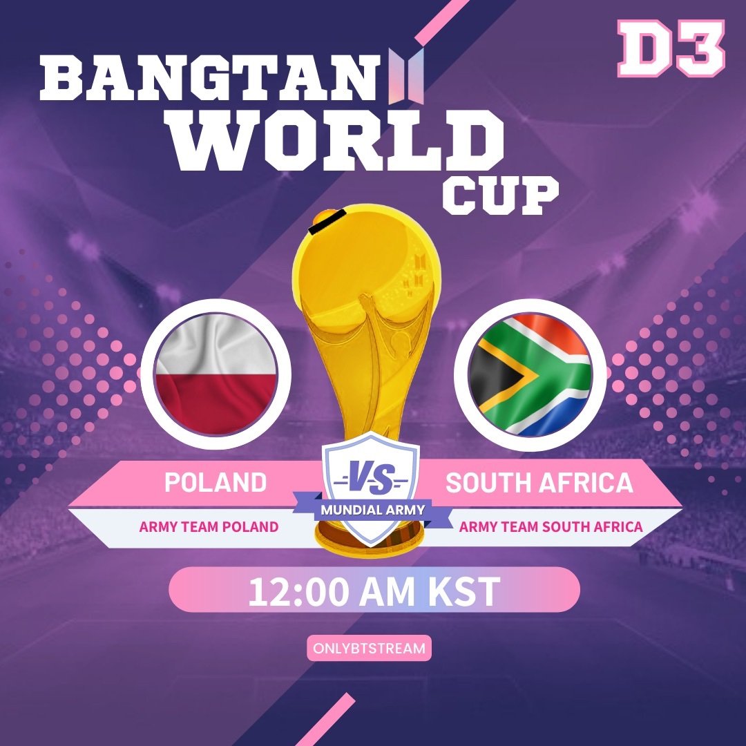 BTSArmyZA's tweet image. 🌐BANGTAN WORLD CUP🌐

ROUND 3 OFFICIALLY BEGINS!

Poland🇵🇱 vs South Africa🇿🇦

Spotify playlist:
🇿🇦:open.spotify.com/playlist/7E0iP…
(Whoever achieves the most likes will score a goal/point!)

Keywords:
🔑BANGTAN WORLD CUP
🔑ARMY TEAM SOUTH AFRICA

Let's get it, SA ARMY! Stream &amp;amp; tweet!🎶