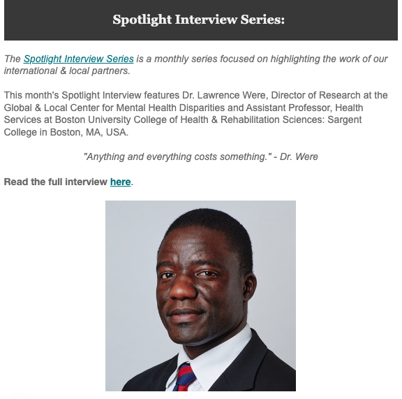 WEEKEND READING📚 

Read our Spotlight Interview with <a href="/GLCMHD/">Global&Local Center for Mental Health Disparities</a> Director of Research, Dr. Lawrence Were

"Anything and everything costs something” -Dr. Were

Read here: glcmhd.org/were-interview