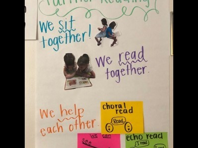 Check out this anchor chart that displays visuals of students in the class family demonstrating the expected behavior of partner reading! <a href="/TCRWP/">TCRWP</a>