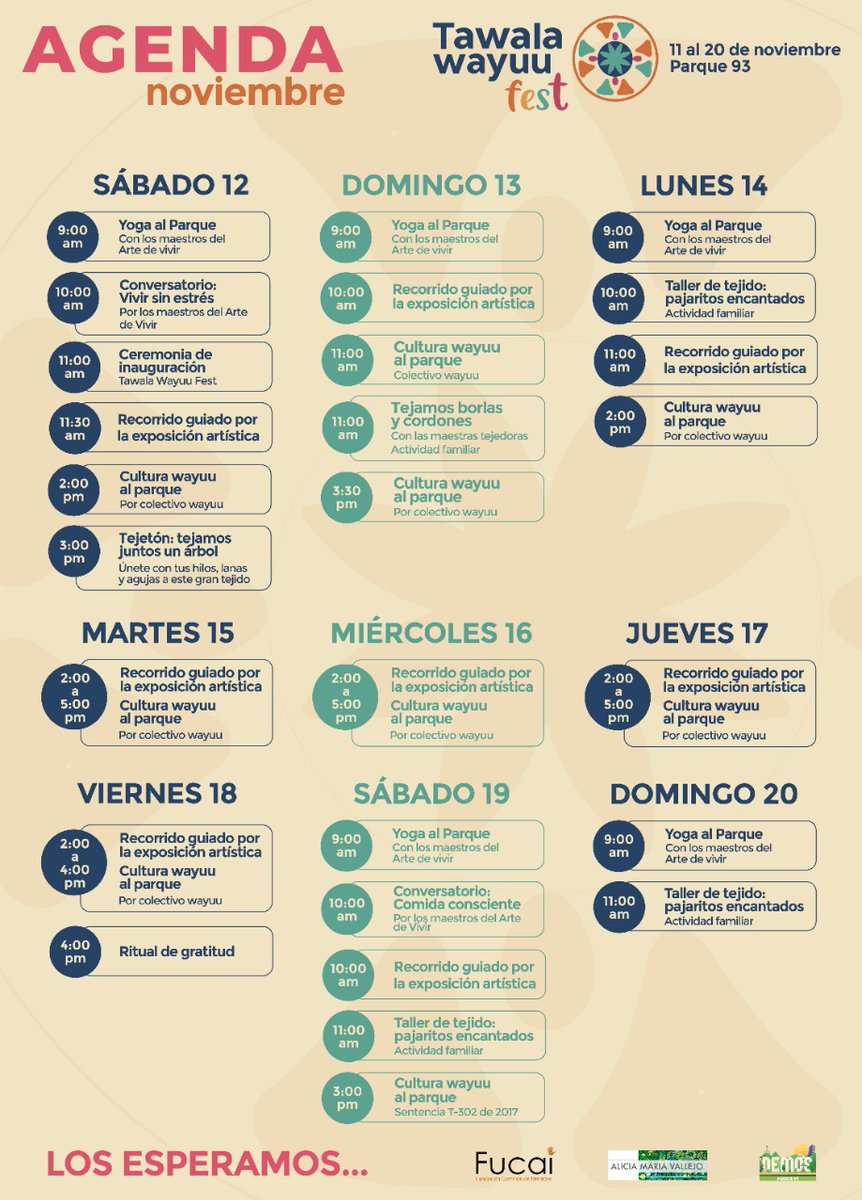 Disfruta de las actividades que tiene Tawala Wayuu Fest, hasta el domingo 20 de noviembre en el Parque 93. El Arte de las mujeres tejedoras de la Guajira. ¡ Te esperamos ¡