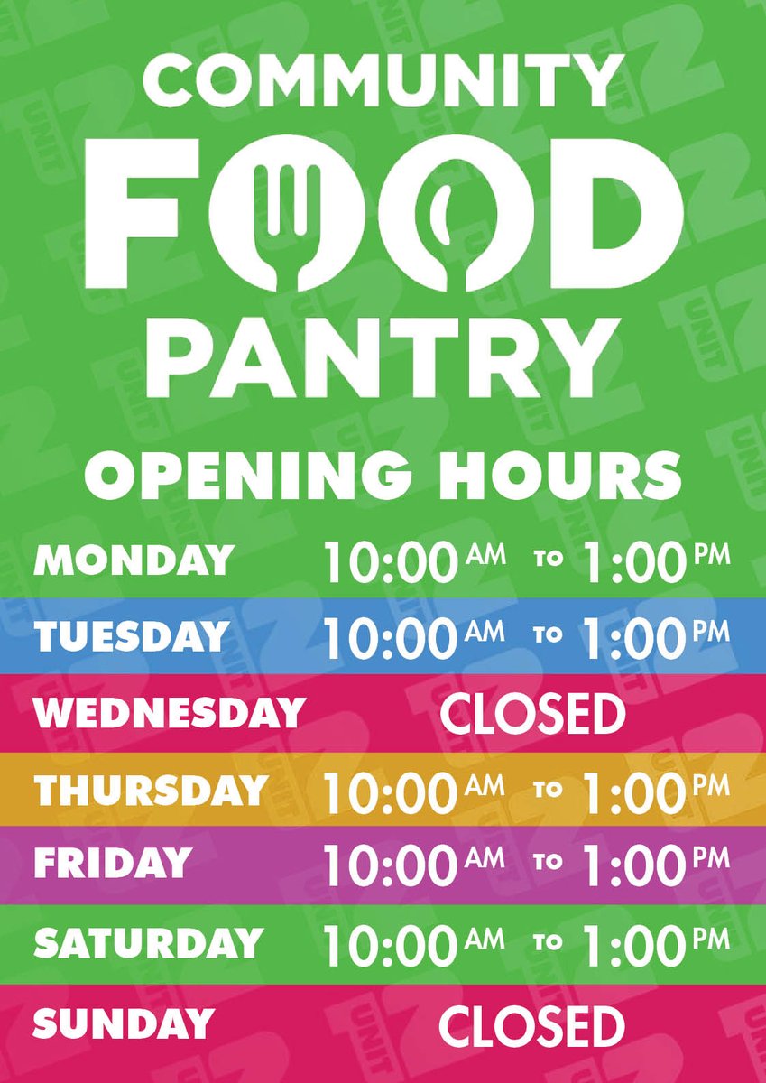 Has #Unit12's #CommunityFoodPantry hours
been too dizzying for you?

NO MORE!
Now we only open from 10am to 1pm on our opening days! We are still closed on Wednesdays and Sundays, though.
