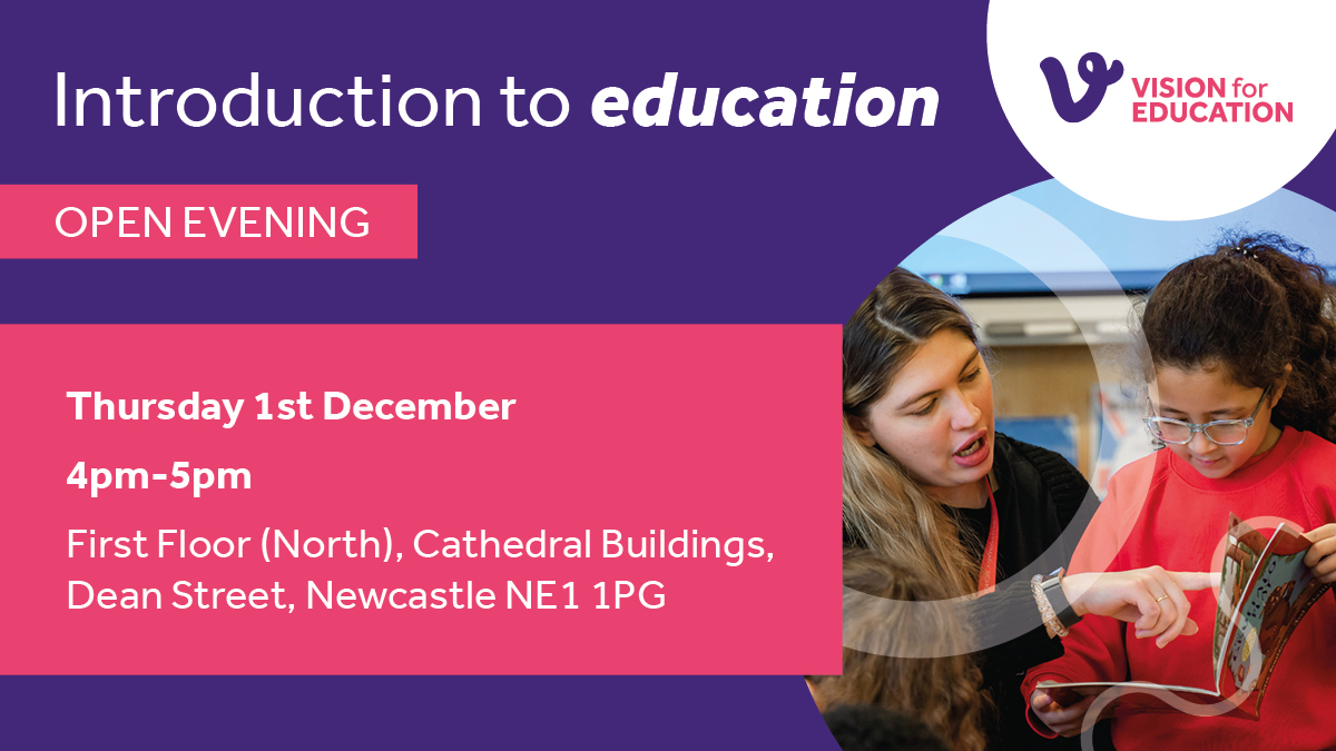 Want to work in education but not sure where to start?
 
Join our Newcastle team for their Introduction to education event to learn more about becoming a Teaching Assistant
 
Visit visionforeducation.co.uk/training-and-e… for more information and to book your place.

#teachertwitter #edutwitter