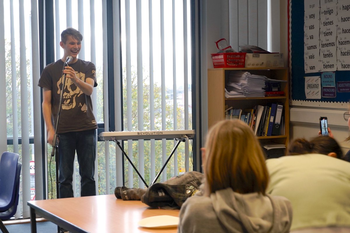 MinsterSchool's tweet photo. In aid of Children in Need today our Senior pupils delivered a brilliant open mic session over lunch as well as a stall selling sweet treats. Well done all! https://t.co/y9kubdB4rB