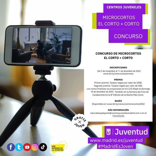 MadridJuventud's tweet photo. #Concursos de #microcortos, el corto + corto. Crea tu historia, prepara tu cámara o teléfono móvil y participa en el corto + corto. ¡Solo puede durar 3 minutos! Plazo hasta el 11 de diciembre. Inscripciones: https://t.co/HfFgy4HWba
#MadridEsJoven #InformaciónJuvenil https://t.co/KymoKldND8