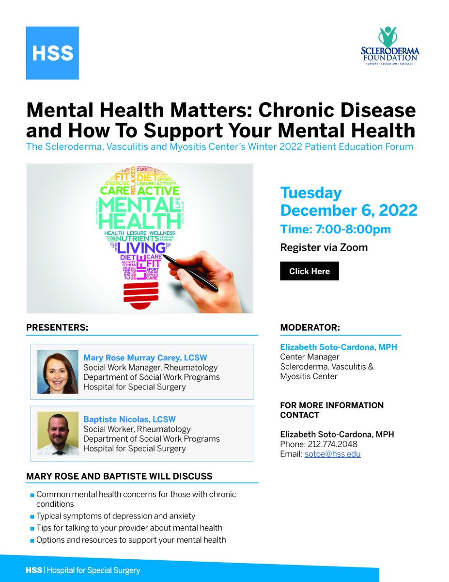 SclerodermaTS's tweet image. Join the Hospital for Special Surgery SVM Center's Winter 2022 Patient Education Forum on December 6th, 2022 at 7pm.
Topic: Chronic Disease and How to Support Your Mental Health.
Register for the virtual event at ow.ly/jGut50LHq7a