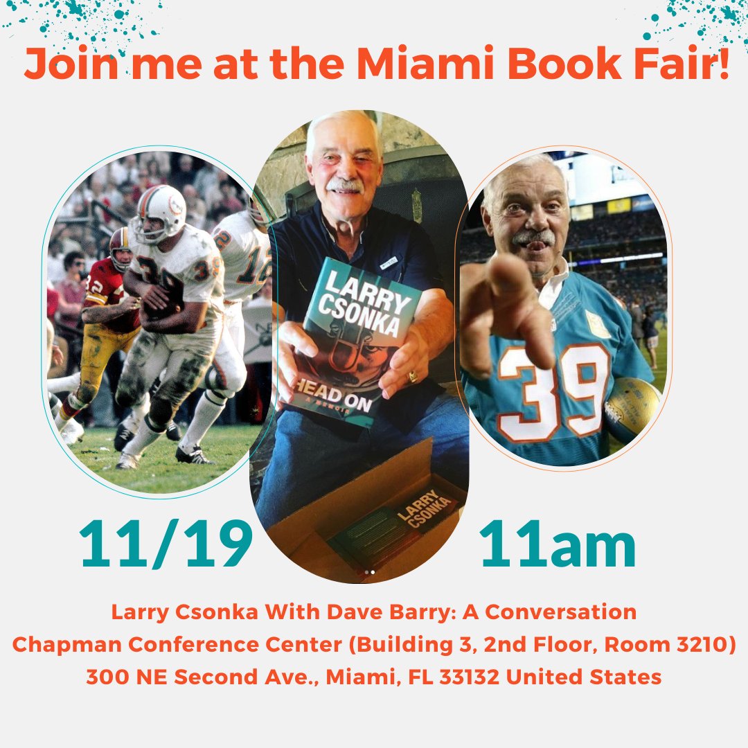 Come see me at the Miami Book Fair tomorrow!
I’ll be on stage with Pulitzer Prize winning humorist, Dave Barry, talking about my new book, HEAD ON
Selling and signing books.
Tickets are FREE! 
Where: Miami Dade College, Chapman Conference Center, Building 3, 2nd Floor, Room 3210.