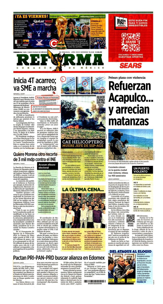 LitzianPineda's tweet photo. #FelizViernes☕️🗞️

#PrimerasPlanas en periódicos de circulación nacional este #18DeNoviembre 2022

▪️Refuerzan Acapulco… y arrecian matanzas

▪️Vulnerable, la información crítica del gobierno federal

▪️’Palomea’ FMI a México con línea crediticia

▪️Buscan acotar tareas del INE https://t.co/yjne3pHu5e