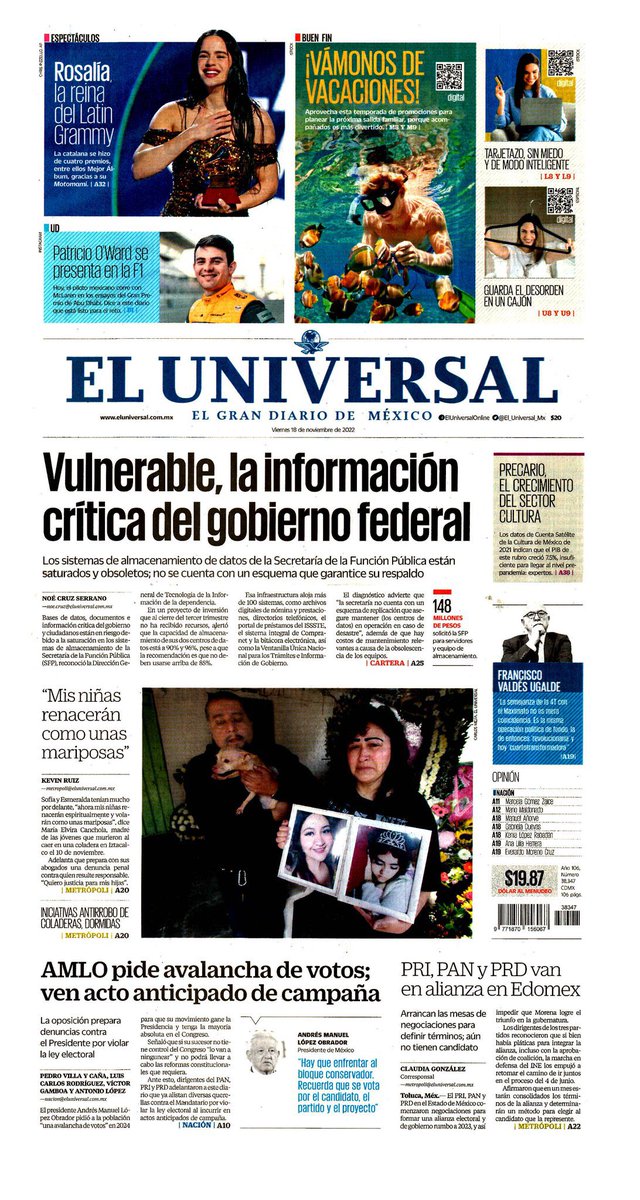 LitzianPineda's tweet photo. #FelizViernes☕️🗞️

#PrimerasPlanas en periódicos de circulación nacional este #18DeNoviembre 2022

▪️Refuerzan Acapulco… y arrecian matanzas

▪️Vulnerable, la información crítica del gobierno federal

▪️’Palomea’ FMI a México con línea crediticia

▪️Buscan acotar tareas del INE https://t.co/yjne3pHu5e