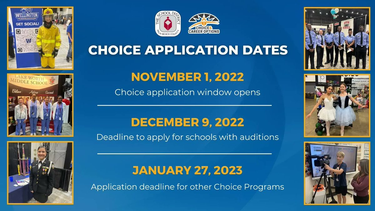 📌 REMINDER! PBCSD School Choice application window is open! The deadline to apply to a school with an audition is Friday, December 9, 2022. 

Students submit their applications at: palmbeachschoolsfl.scriborder.com