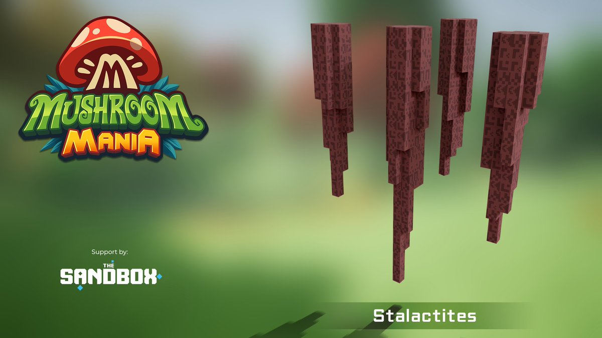 Stalactites are hanging on for dear life in the Rocky Hollow level of Mushroom Mania. 🍄 

These #NFTs are made using <a href="/VoxEdit/">VoxEdit</a> and coming soon to <a href="/TheSandboxGame/">The Sandbox</a> under the <a href="/GameMakerFund/">forsale username~dm</a>. 

#MushroomManiaTSB #SandboxGame #TSB #GameMaker #GameMakerFund #VoxEdit