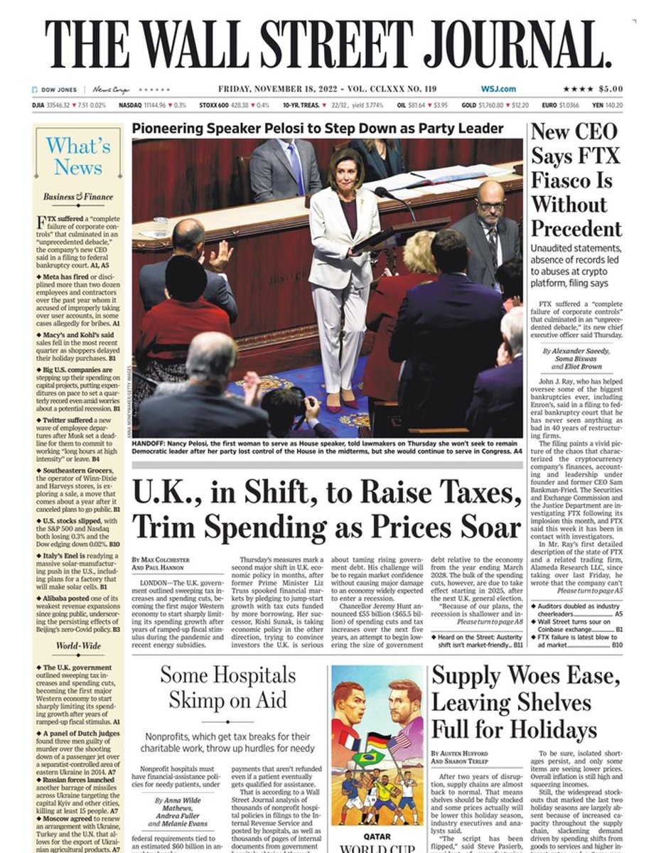 The front page of The Wall Street Journal this morning.
Friday, November 18 2022.
