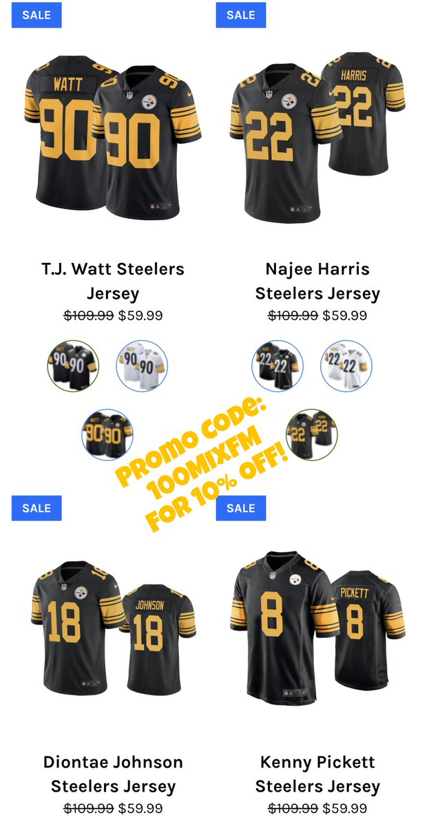 MichaelJRadio's tweet photo. Alright #SteelerNation I got the hook up for you from our friends at @JerseyFlock Go-to this link: https://t.co/KdxaZr0IsH &amp; use Promo Code: 100MIXFM to get an additional 10% OFF your #ColorRush Jerseys 😉👍🏽 #HereWeGo #Steelers!! https://t.co/Q6qQDxCwpc