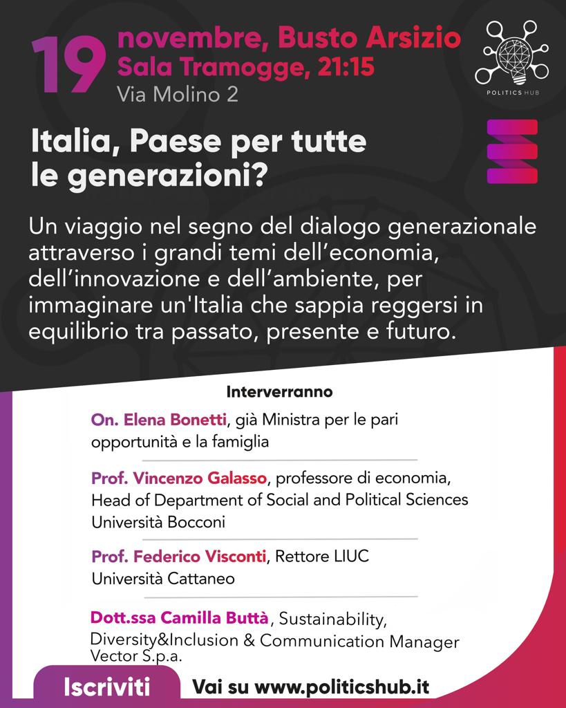 Vi aspettiamo domani sera per la serata conclusiva del Festival di Politics Hub 2022!

💡Italia, Paese per tutte le generazioni?
📍Sala Tramogge Busto Arsizio (VA)
⌚️21:15

🎟 politicshub.it/event-details/…