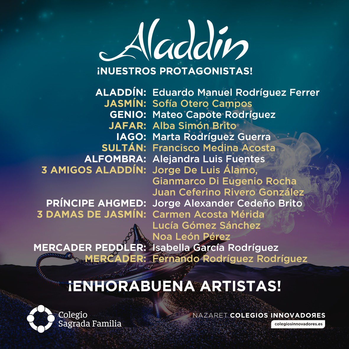 nazaretlapalma's tweet photo. #PROTAGONISTAS — ¡Conoce a los protagonistas del #MusicalAladdín2023! Gracias a todos por la participación, ¡a por los ensayos!
¡Juntos REconsiderando el #Momentum!
#Curso22_23 #Valores #BeNazaret #LookUp #ReConsideraElMomentum #ReCrea #ReImpulsa #ReDiseña https://t.co/WFFRrWgVZb