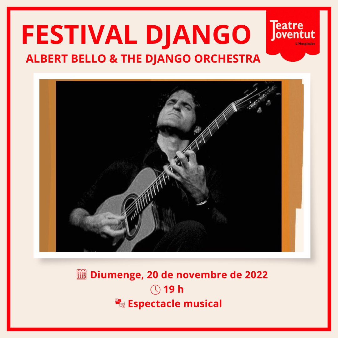 tjoventut's tweet photo. Seguim amb el gran @djangolh  aquest diumenge 20 de novembre a les 19 hores al Teatre Joventut amb @Albert_Bello  i The Django Orchestra!🤩

No et pots perdre aquest fantàstic concert i la tornada del Festival Django! T'hi esperem aquest diumenge! 👏🏼

🎟️https://t.co/d6sTeXTdLw https://t.co/9cdU2EPd1R