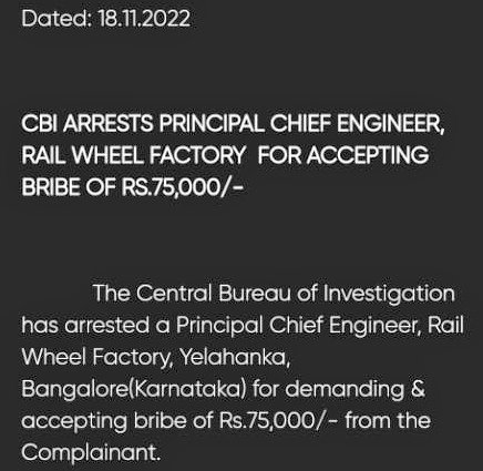 #CBI caught red-handed &amp; arrested Principal Chief Engineer (#PCE), Rail Wheel Factory (#RWF) for accepting a bribe of Rs. 75,000/-
#railwheelfactory <a href="/RailMinIndia/">Ministry of Railways</a> <a href="/AshwiniVaishnaw/">Ashwini Vaishnaw</a> <a href="/IR_CRB/">RB CRB</a> <a href="/PMOIndia/">PMO India</a> <a href="/CVCIndia/">CVC, Govt. of India</a> <a href="/RailSamachar/">RailSamachar</a> <a href="/VijaiShanker5/">विजय शंकर</a> @PRYJ_Bureau