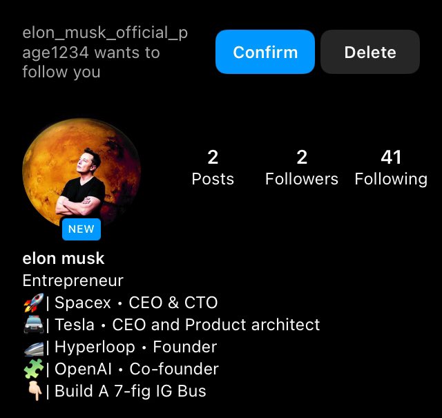 ShaneKiran's tweet photo. @elonmusk please buy the Instagram and ban all of ur fake accounts https://t.co/09HHml21DX