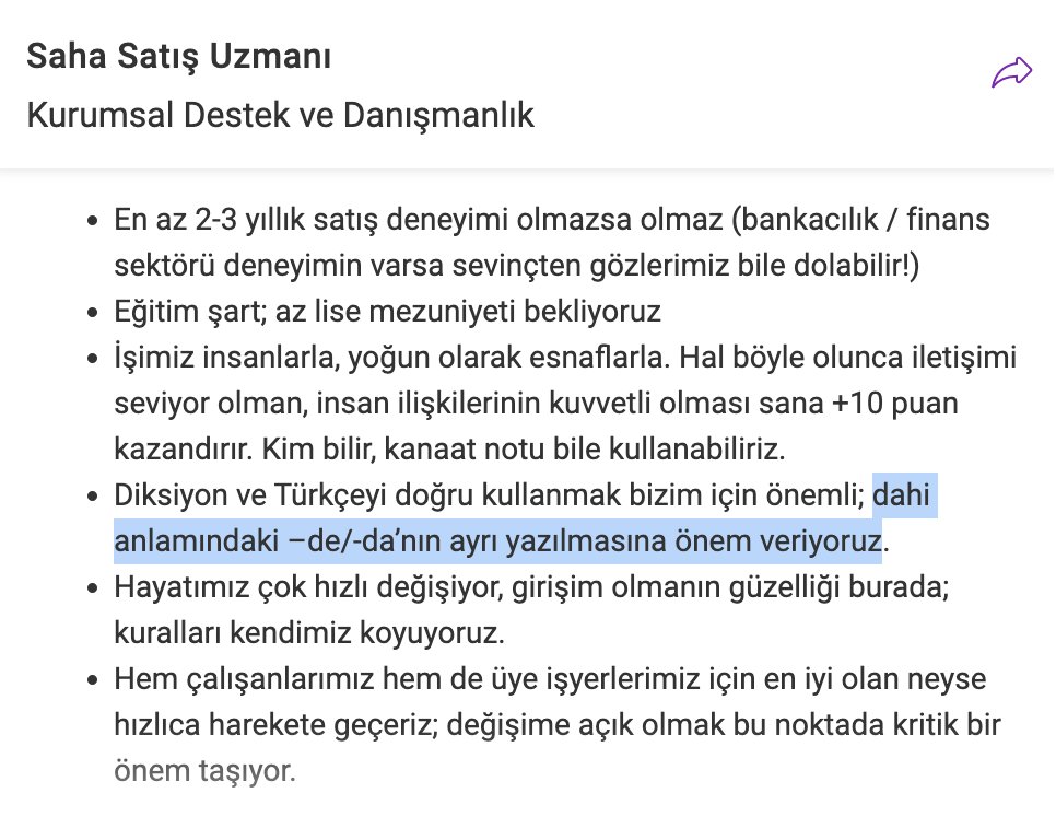 Çorum'daki bir şirket, iş ilanına "dahi anlamındaki de'yi ayrı yazma" şartı ekledi 🤩 kariyer.net/is-ilani/kurum…