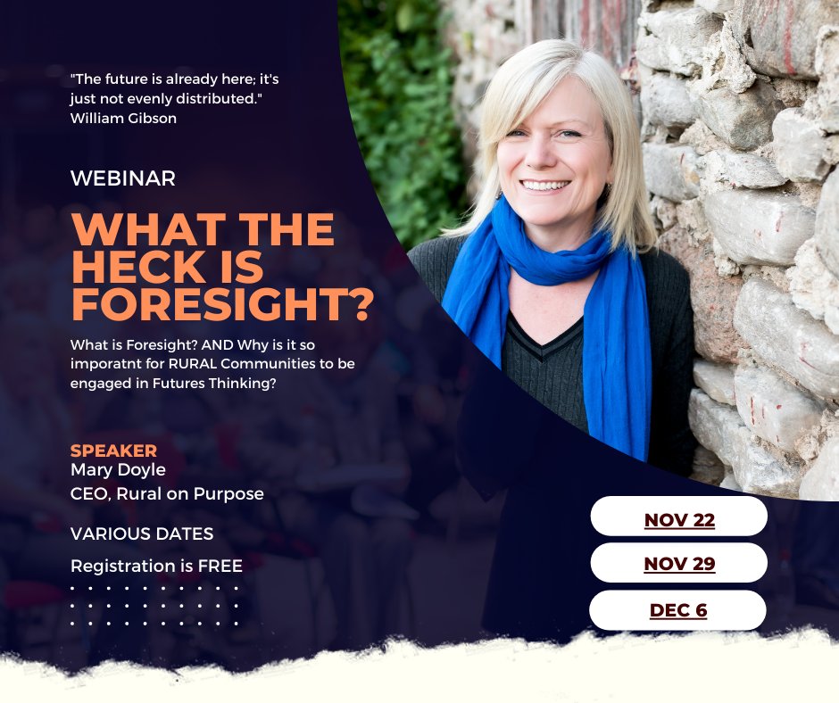 RuralOnPurpose's tweet image. Curious about Foresight and how it applies to rural communities? Missed the first webinar? You're in luck - I'm doing it again (three more times actually 😉) 
Nov 22 live.remo.co/e/what-the-hec…
Nov 29 live.remo.co/e/what-the-hec… 
Dec 6 live.remo.co/e/what-the-hec…