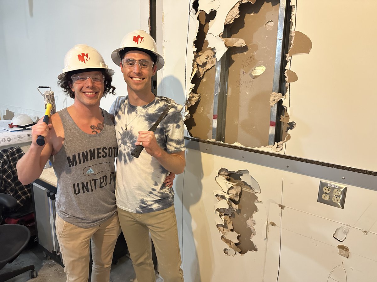 DEMO DAY! Murph and Jesse sat with us on the patio of the hospital Starbucks 5 yrs ago &amp; dreamed up plans for our AYA patient advisory board. That same board has designed every inch of our new AYA outpatient infusion space &amp; these 2 were jazzed to smash some walls in!