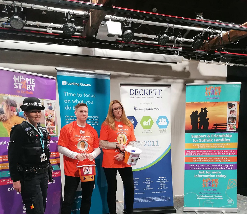 LarkingGowen's tweet photo. Becky &amp; Gavin were not too thrilled about being 'arrested' for crimes against comedy live on stage today! Help bail them out of jail by donating to their HomeStart JustGiving page here! https://t.co/a0efFfPx8I @HSSuffolk @Beckett_Invest #HSJailandBail22 https://t.co/6eDSr0li8U