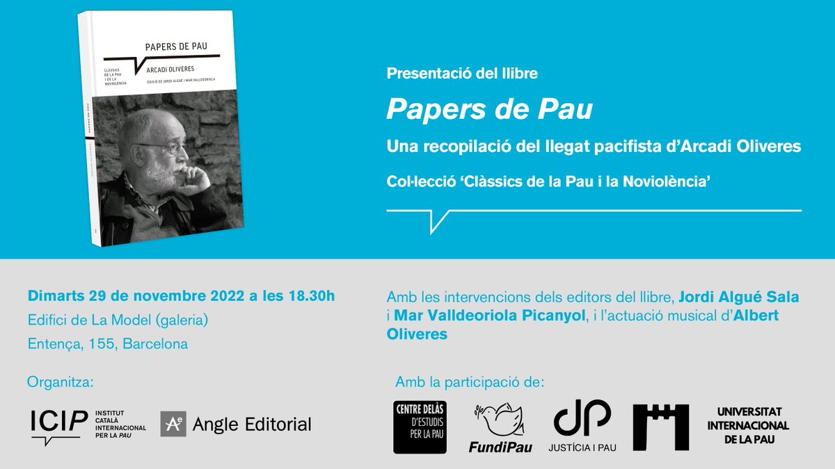 📍Arcadistes d'arreu ens trobarem el 29/11 a la presentació de #PapersdePau, un recull del llegat pacifista d'#ArcadiOliveres, publicat per l'ICIP i <a href="/angleeditorial/">Angle Editorial</a>

Amb <a href="/marvalldeoriola/">mar valldeoriola</a> <a href="/jordials/">Jordi Algué Sala</a> <a href="/mgabriela_serra/">Gabriela Serra</a> <a href="/AntoniSolerR/">Antoni Soler Ricart</a> <a href="/albert_oliveres/">Albert Oliveres</a> i més!

🔗icip.cat/ca/event/prese…