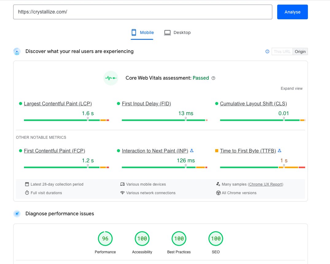 Shameless bragging incoming.

We finally got around to fix those embarrassing scores on accessibility, best practices and seo for the frontpage at <a href="/CrystallizeAPI/">Crystallize💎</a> .

Next up is working on that perf score, nudging it up to 💯
#accessibility #seo #webperf