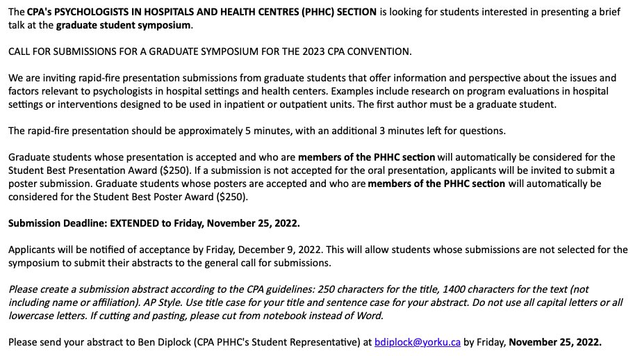 phhcstudentscpa's tweet photo. EXTENDED! The deadline to submit to the PHHC Graduate Student Symposium at the 2023 CPA Convention has been extended to Friday, November 25th! https://t.co/WXTR3rLCAg