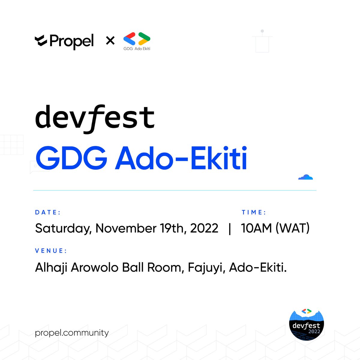 WithPropel's tweet photo. It's raining Devfests!

Our partnered GDG communities @gdgadoekiti_ (Nigeria) &amp; @gdgcloudmbarara (Uganda) are hosting hundreds of developers at yet another #DevFest on Saturday, 19th Nov. 

#GrowWithPropel #devfest2022 #codetoinfinityandbeyond https://t.co/zGw7khd1L5