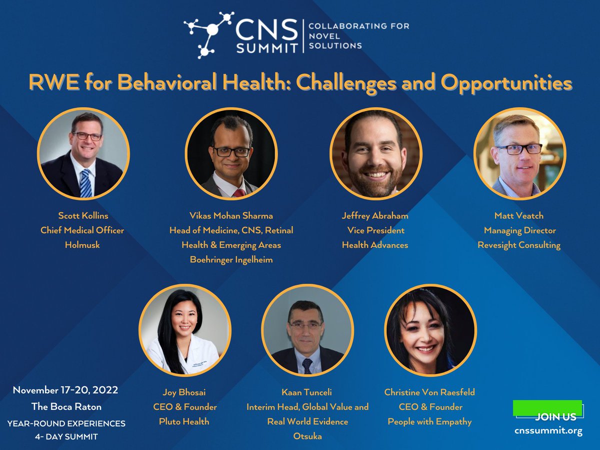 Also at #CNSSummit2022, our Chief Medical Officer Scott Kollins will be moderating an expert panel on #RWE for behavioral health. Looking forward to hearing from experts from @boehringerus, @HealthAdvances, Revesight Consulting, @pluto_health, @otsukaus, and @missionempathy.