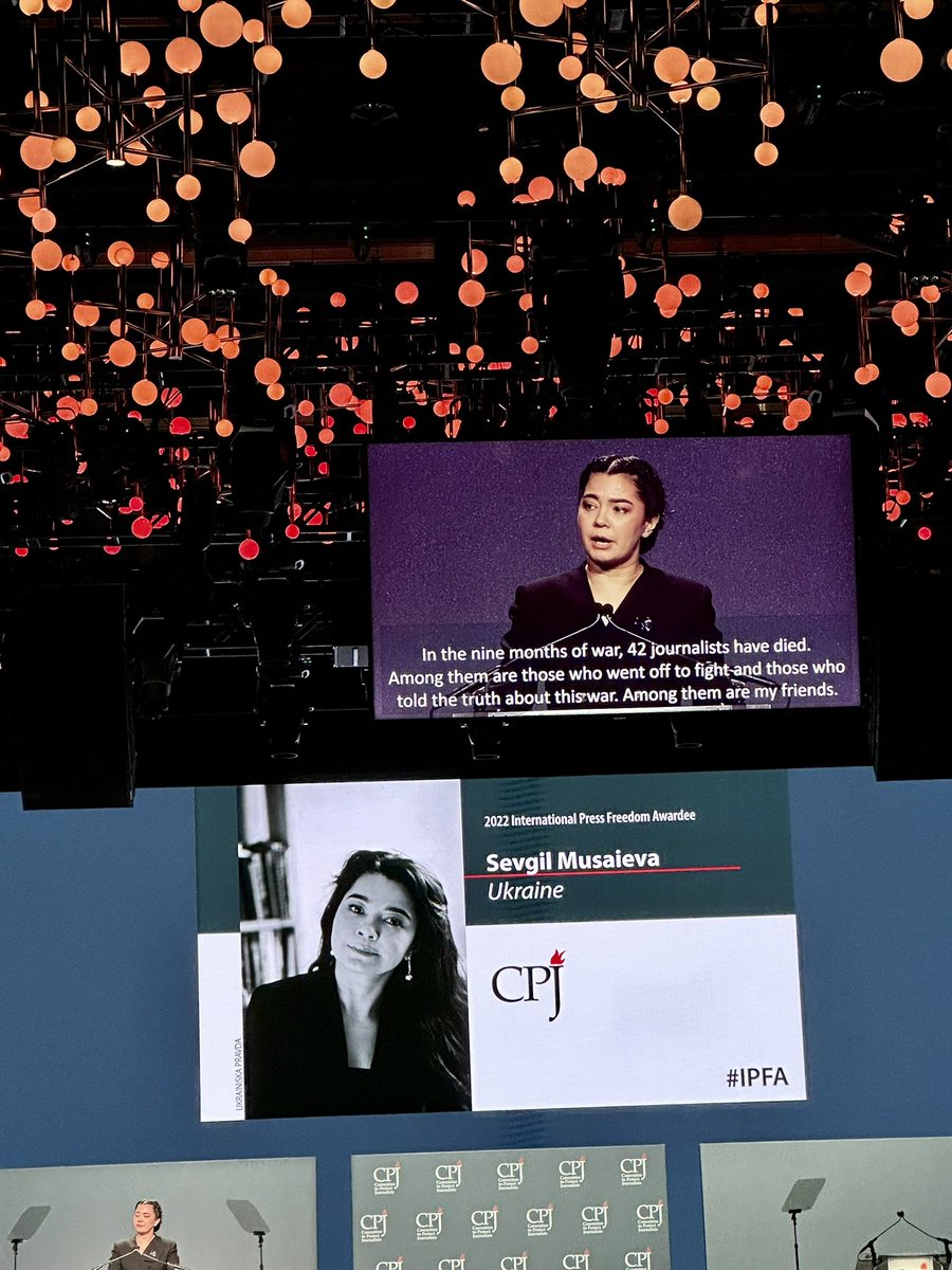 “In the nine months of war, 42 journalists have died. Among them are those who went off to fight and those who told the truth about this war. Among them were my friends.” Thank you to <a href="/SMusaieva/">Sevgil Musaieva</a> &amp; the other <a href="/pressfreedom/">Committee to Protect Journalists</a> awardees for your incredible work speaking truth to power.