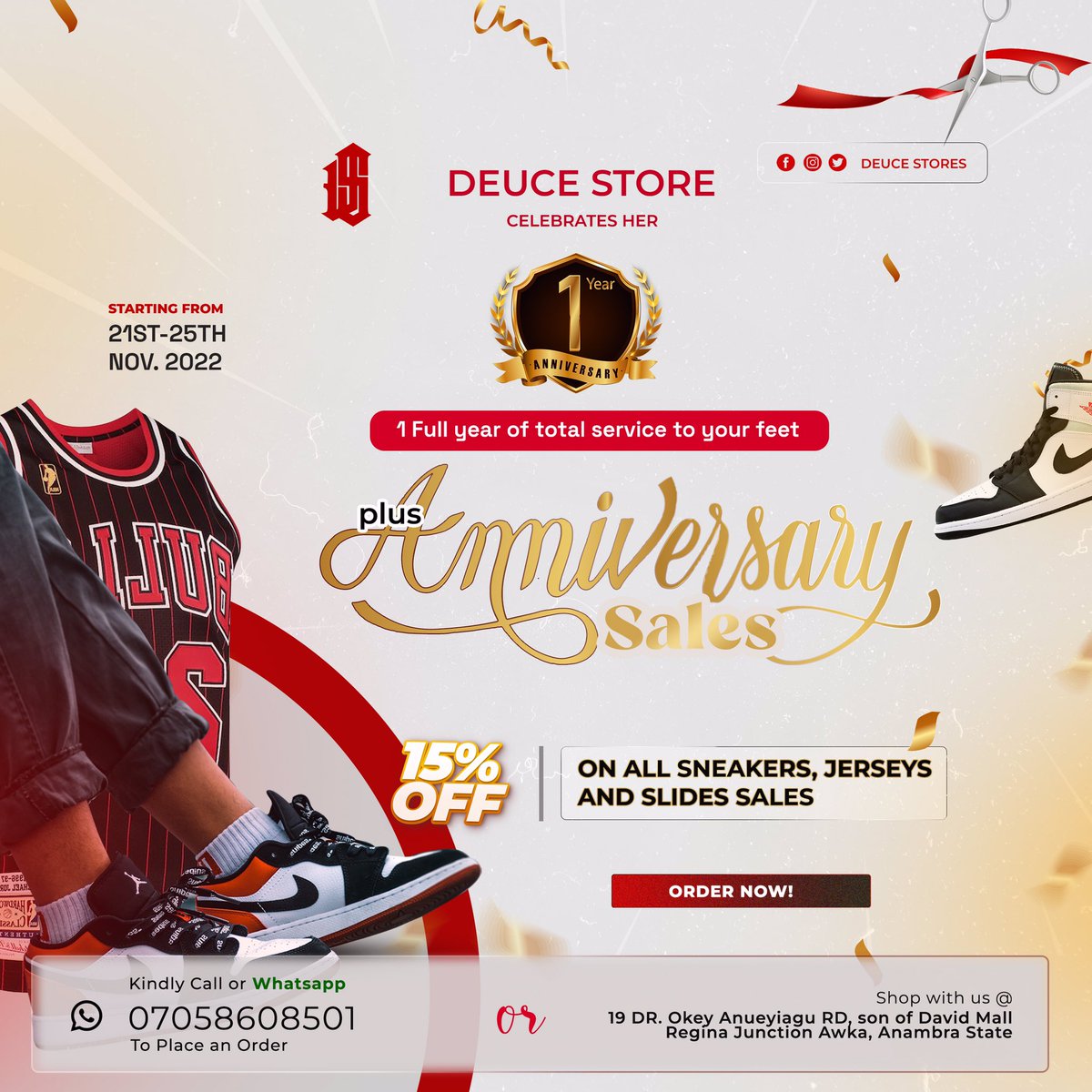 deucestore's tweet photo. It is our 1 year Anniversary 🥳🥳🥳🥳
Hence we are celebrating this anniversary with a 15% slash on all products🥳🥳. 
Starting from the 21st -25th Nov. 2022.
Kindly retweet Massively 
Retweets with more than 2k likes, receives a reward from us. Let’s spread love❤️ https://t.co/ZYCws3HECE