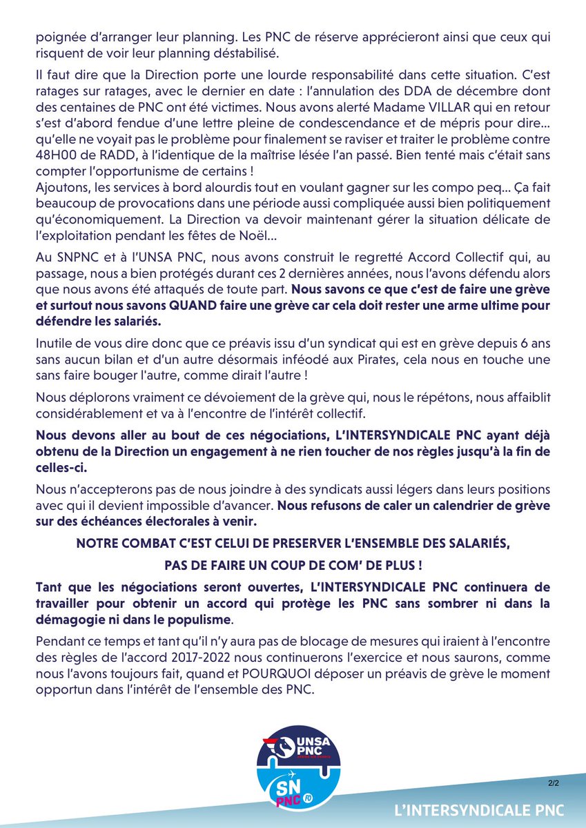 Pourquoi nous n’appelons pas à la grève du 22/12 au 02/01.
#airfrance #pnc #af #négociations #LINTERSYNDICALEPNC