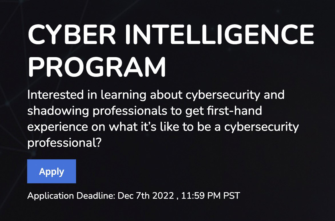 cboundy22's tweet photo. Cyber Intelligence Program for High School Students

15 students will be selected to join this spikeview program with @IssquaredInc to collaborate with professionals in this field and have a chance to win $300

Learn more here: https://t.co/JgyVnCdA7R https://t.co/gRGRMfPCVL