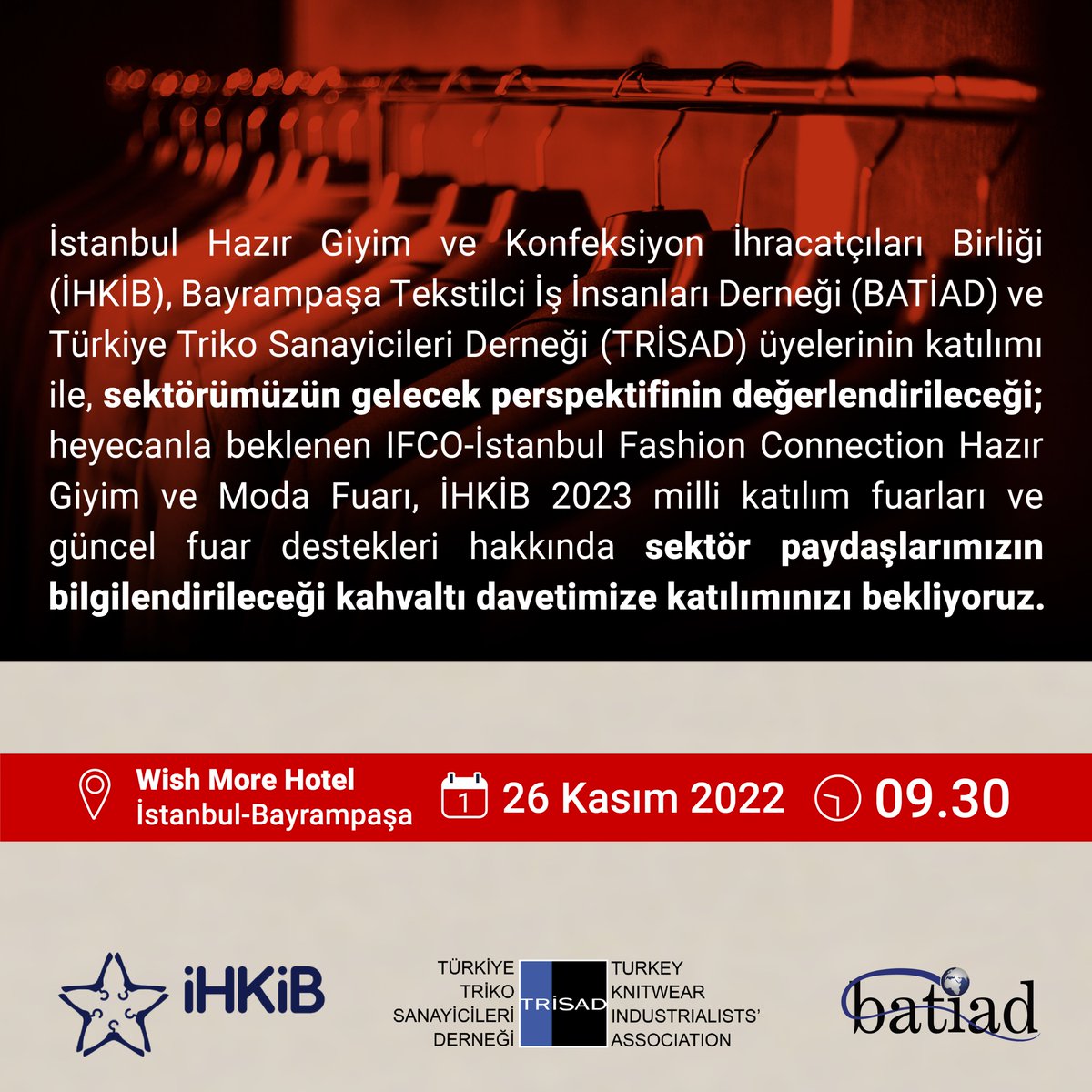Batiadorg's tweet photo. @ihkibirlik , @Batiadorg  ve @trisadorgtr  üyelerinin katılımlarıyla gerçekleştirilecek ve IFCO, İHKİB 2023 milli katılım fuarları ve güncel fuar destekleri hakkında sektör paydaşlarının bilgilendirileceği kahvaltımıza katılımınızı bekliyoruz. 

#ihkib #batiad #trisad https://t.co/hRi5h8PUv3