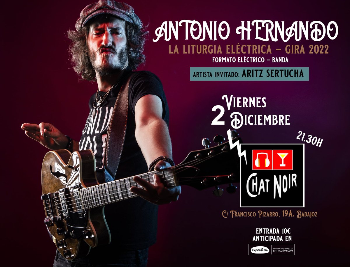 Y en dos semanas, un día después de nuestro último vals en Madrid, aterrizamos en el <a href="/ChatNoirBadajoz/">CHAT NOIR</a> para otra descarga eléctrica, y nada menos que con Aritz Sertucha abriendo la noche. Las entradas ya se pueden adquirir en entradium. ¡Ganas!
entradium.com/es/events/anto…
