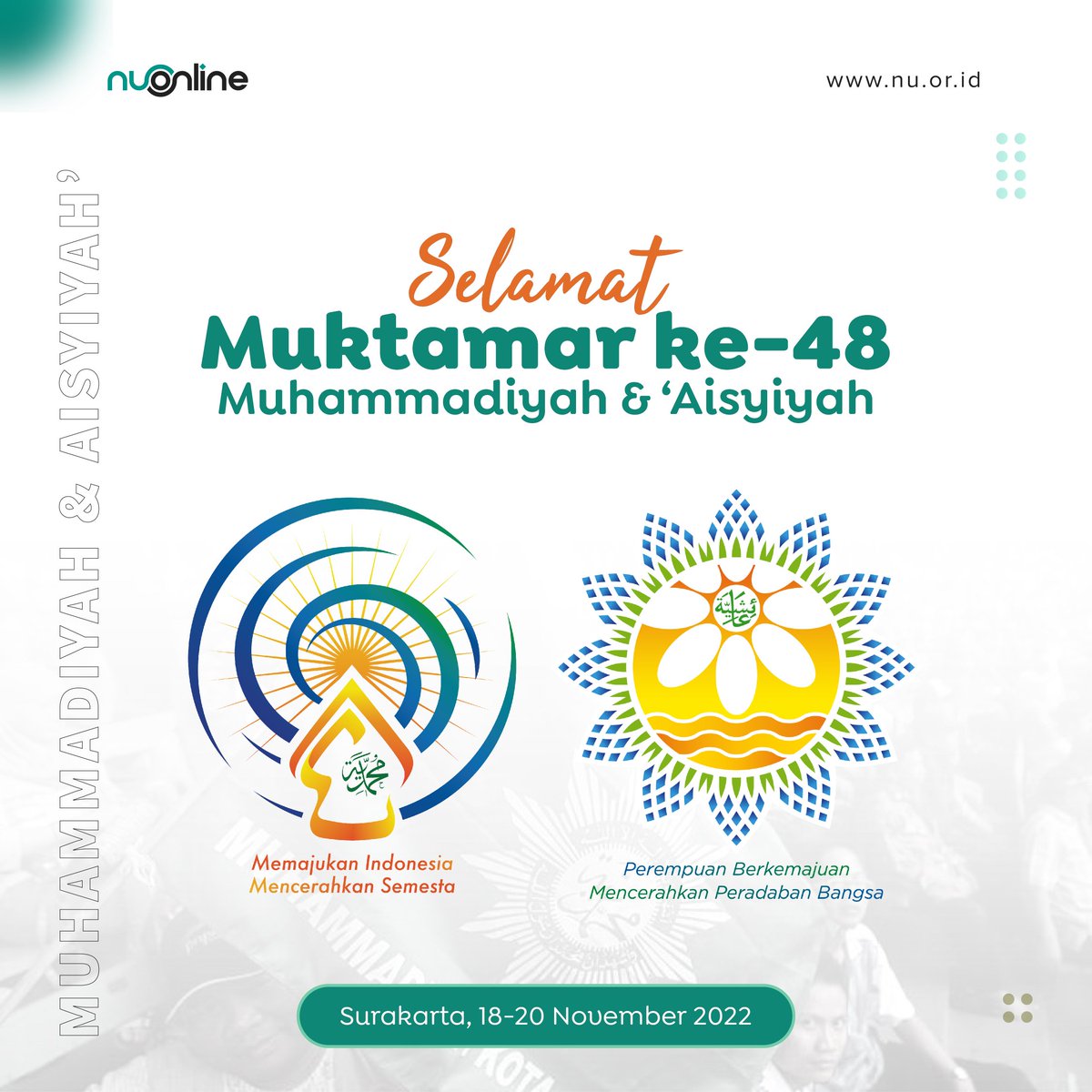 nu_online's tweet photo. Selamat dan sukses atas terselenggaranya Muktamar ke-48 Muhammadiyah dan 'Aisyiyah di Surakarta, 18-20 November 2022.

Memajukan Indonesia, Mencerahkan Semesta bersama Perempuan Berkemajuan Mencerahkan Peradaban Bangsa.

#nahdlatululama #nuonline #muhammadiyah #aisyiyah https://t.co/EqUmFFveSL