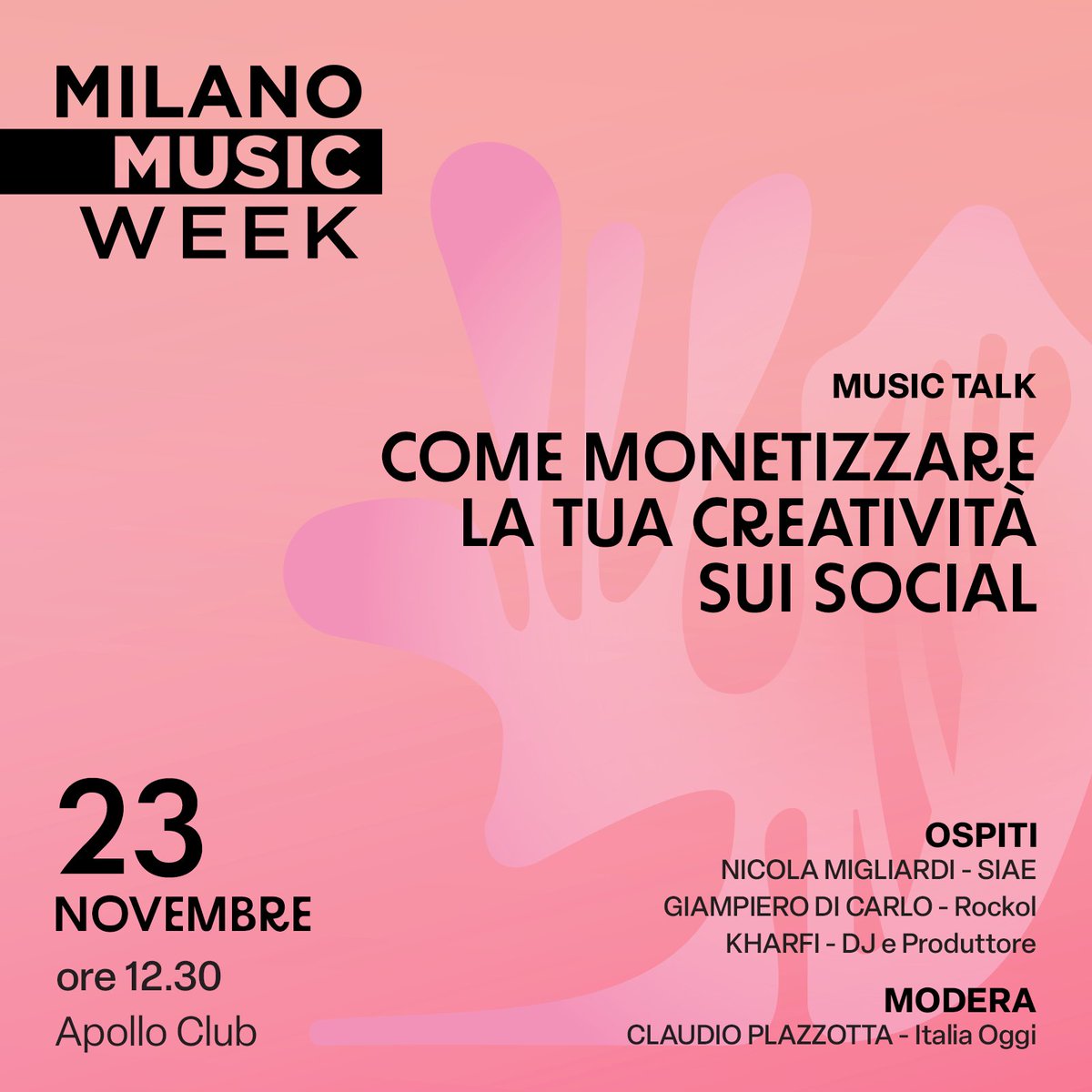 📌Alla @milanomusicweek parliamo di social network. Strumenti promozionali per un musicista, ma hai mai pensato che possono diventare anche una fonte di guadagno?🤑
#SIAE ti spiega come far fruttare i tuoi brani su #TikTok #Instagram #YouTube 
Prenota qui👉bit.ly/3XbgBTk