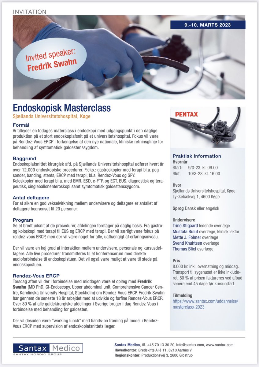 DrMustafaBulut's tweet photo. Masterclass i Endoskopi - 
Vi afholder igen masterclass d. 9-10 marts 2023. Udover flere live skopier har vi denne gang fået Fredrik Swahn som invited speaker så vi kan komme hele vejen rundt mht. -rendezvous ERCP - både teoretisk , live-cases og hands-on.@SUHhospital @cssdenmark https://t.co/qzYo42fyXZ