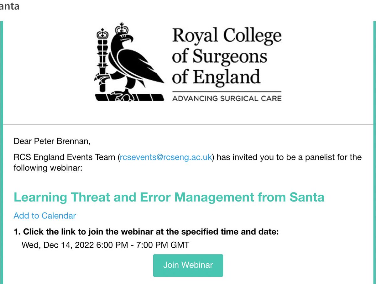 With only a few weeks to go, Santa will be actively preparing for the busiest night of the year

Delighted that Royal College of Surgeons of England will host a free festive webinar about learning threat &amp; error management from him

Open to all &amp; will post details soon! 😀