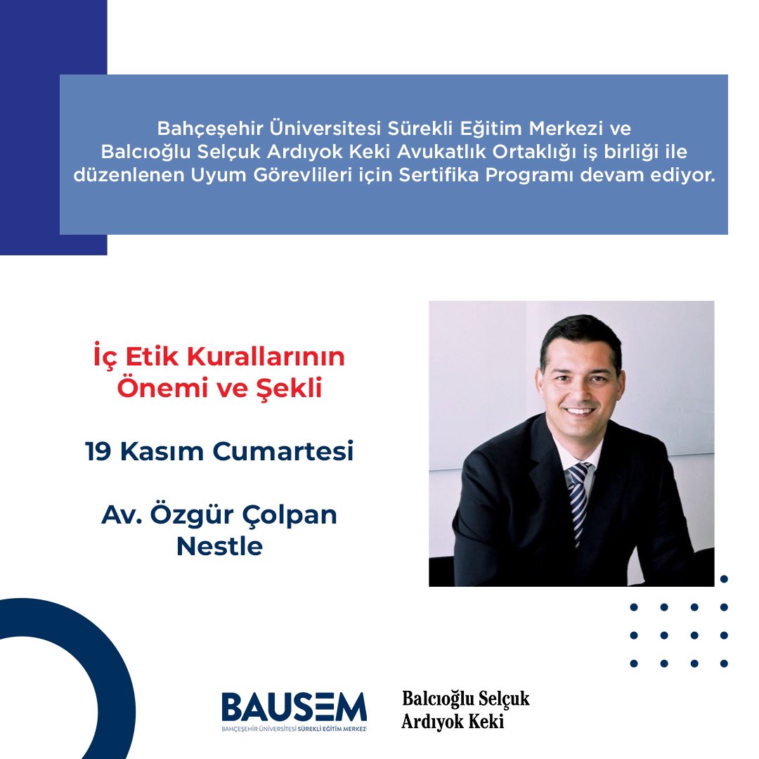 bauprofessional's tweet photo. Bahçeşehir Üniversitesi Sürekli Eğitim Merkezi ve Balcıoğlu Selçuk Ardıyok Keki Avukatlık Ortaklığı iş birliği ile düzenlenen Uyum Görevlileri için Sertifika Programı devam ediyor!
#BAUSEM #UyumGörevlileri https://t.co/XsZSVkTLSS