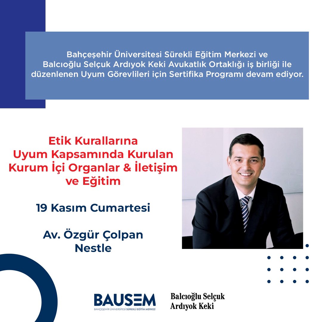 bauprofessional's tweet photo. Bahçeşehir Üniversitesi Sürekli Eğitim Merkezi ve Balcıoğlu Selçuk Ardıyok Keki Avukatlık Ortaklığı iş birliği ile düzenlenen Uyum Görevlileri için Sertifika Programı devam ediyor!
#BAUSEM #UyumGörevlileri https://t.co/XsZSVkTLSS