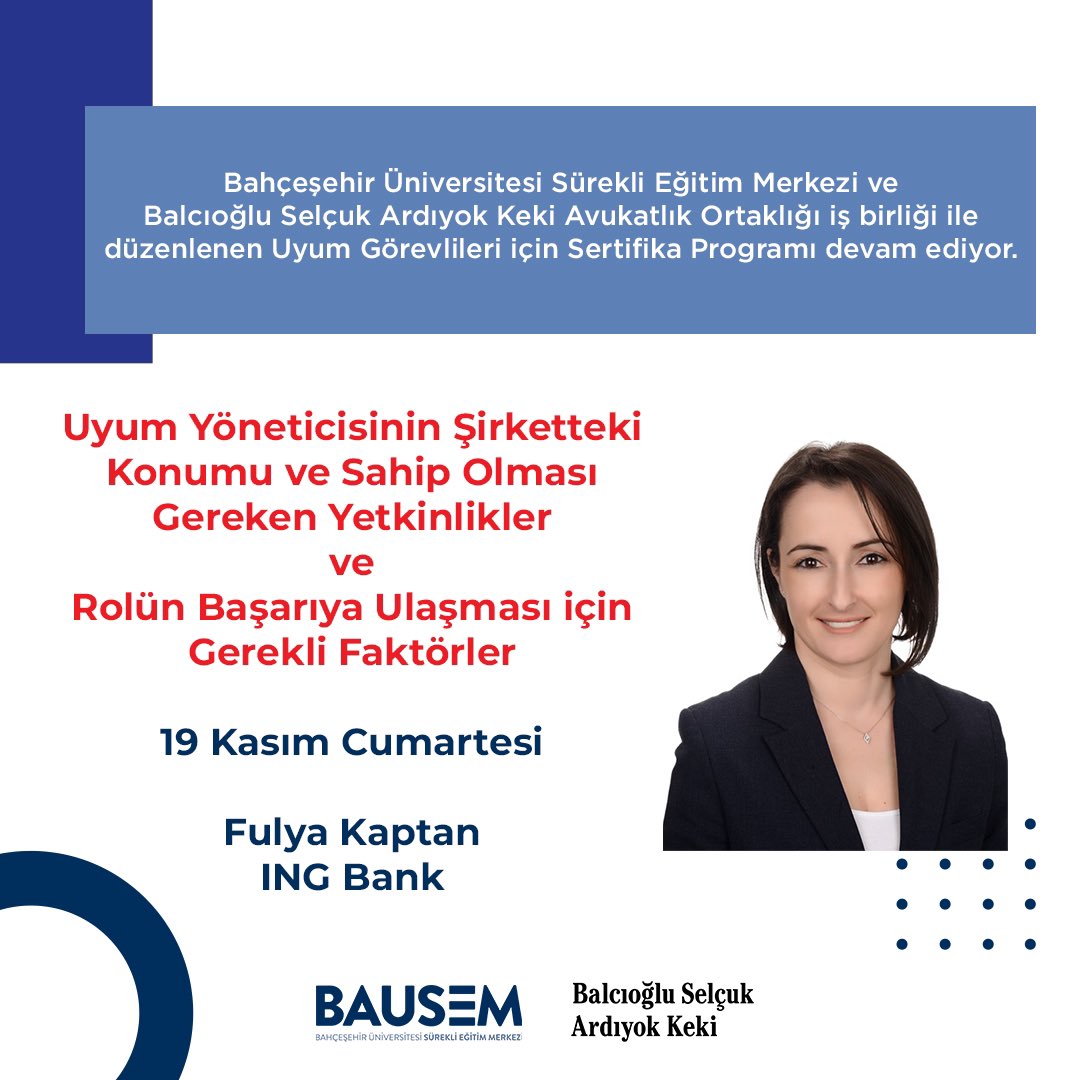 bauprofessional's tweet photo. Bahçeşehir Üniversitesi Sürekli Eğitim Merkezi ve Balcıoğlu Selçuk Ardıyok Keki Avukatlık Ortaklığı iş birliği ile düzenlenen Uyum Görevlileri için Sertifika Programı devam ediyor!
#BAUSEM #UyumGörevlileri https://t.co/XsZSVkTLSS
