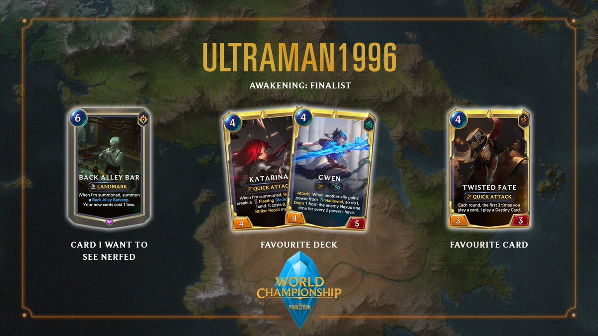 LoRreport (@lorreport) on Twitter photo Only 12 hours left so lets introduce <a href="/Ultraman1_/">Alessio Bouko</a>
After reaching Rank 1 multiple times Ultraman was qualified for Worlds however that didn't stop him from getting top 4 in the Awakening Expansion! With his favourite deck now being a good meta call will he take the title? Only 12 hours left so lets introduce <a href="/Ultraman1_/">Alessio Bouko</a>
After reaching Rank 1 multiple times Ultraman was qualified for Worlds however that didn't stop him from getting top 4 in the Awakening Expansion! With his favourite deck now being a good meta call will he take the title?
