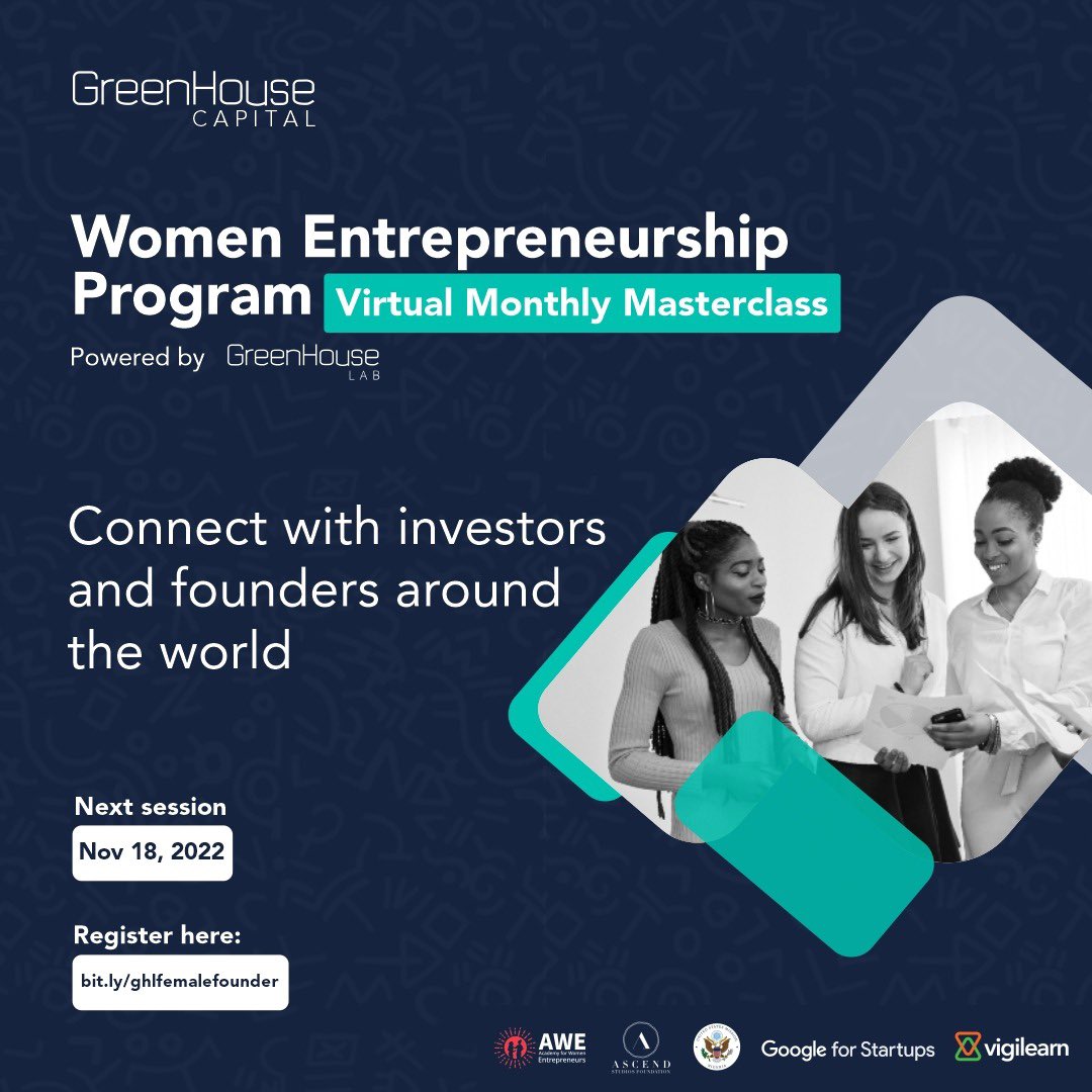 GreenHouseCap_'s tweet photo. Itβs a few minutes to our 2nd female masterclass.
Donβt miss out !!!
Click the link in bio to register or copy the link below
π https://t.co/LlLpYWQ9gm π
#greenhousecapital #greenhouselab
#femalefounders
#africanstartups
#africanentrepreneurs #googleforstartups https://t.co/S735SmGxIF